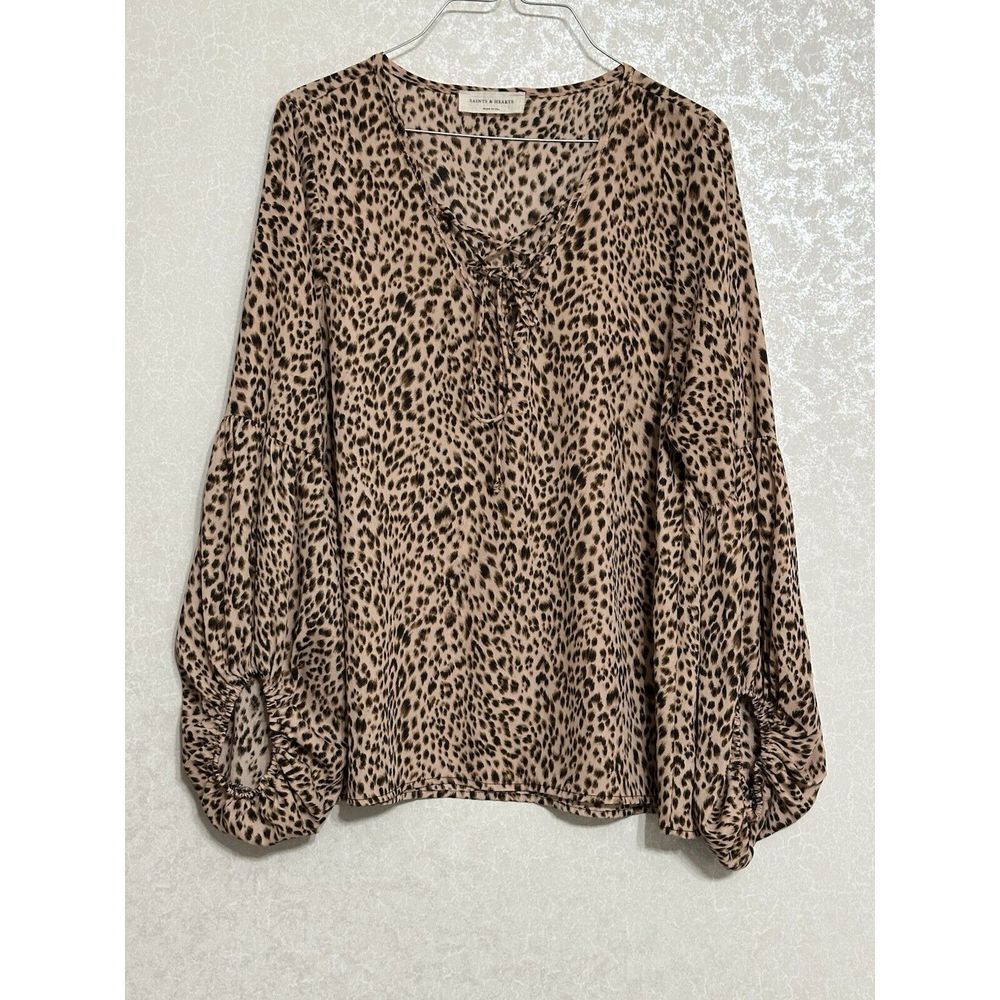 Saints & Hearts Brown Leopard Print‎ Long Sleeve Peasant Top Blouse V-neck Tie M